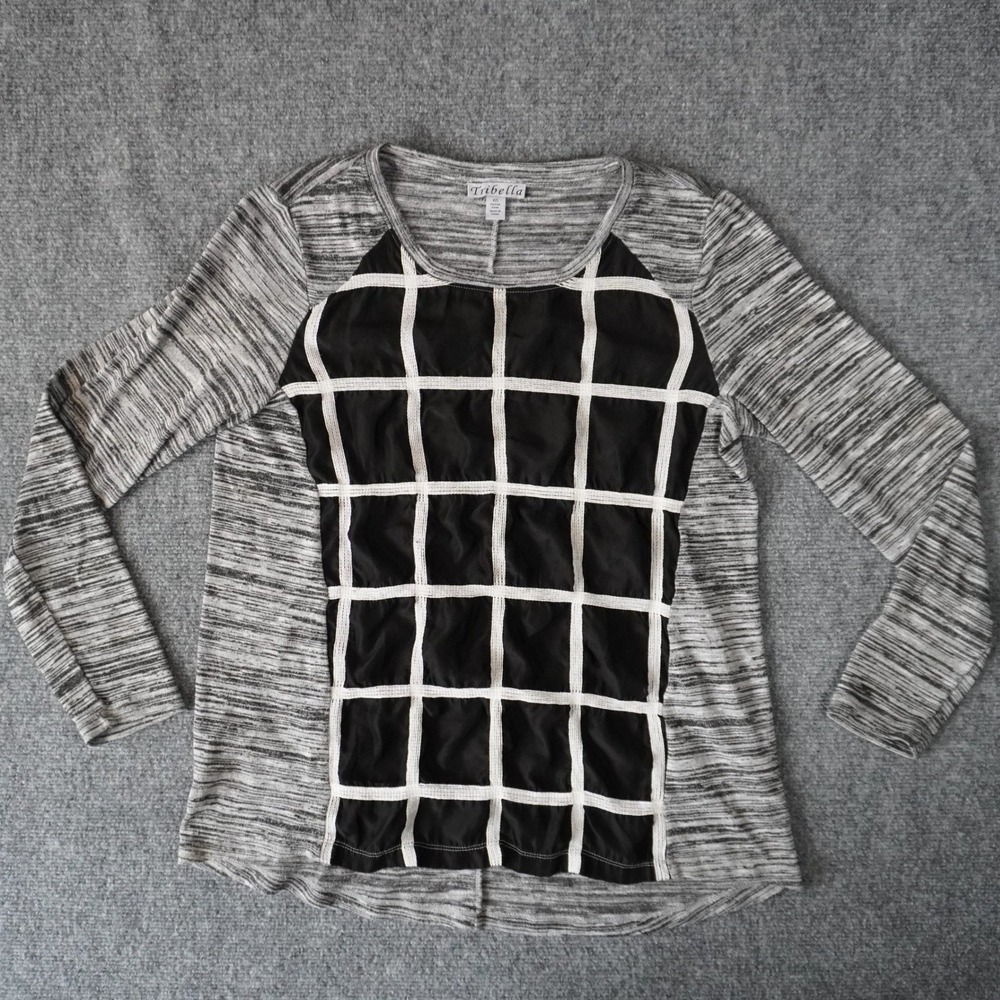 Tribella Women's Gray Black Grid Print Long‎ Sleeve Casual Top